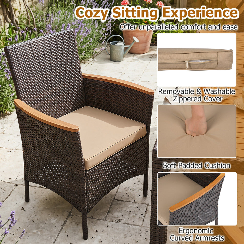 Brown patio dining chair with soft padded cushion, ergonomic armrests, and removable zippered cover for outdoor comfort.