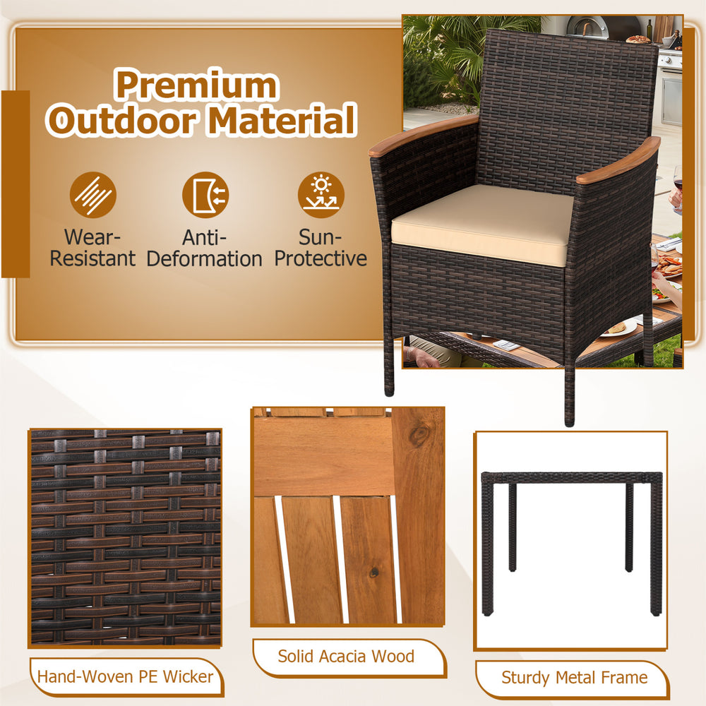 Brown patio dining chair with hand-woven PE wicker, padded cushion, and sturdy metal frame for outdoor comfort.