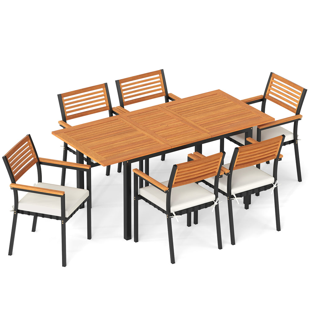 Rectangular 7-piece patio dining set with acacia wood table and 6 stackable chairs, featuring seat cushions and.