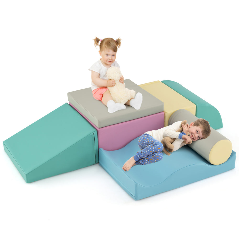 Colorful 7-piece soft play equipment with foam climbing blocks for indoor play, promoting creativity and coordination.
