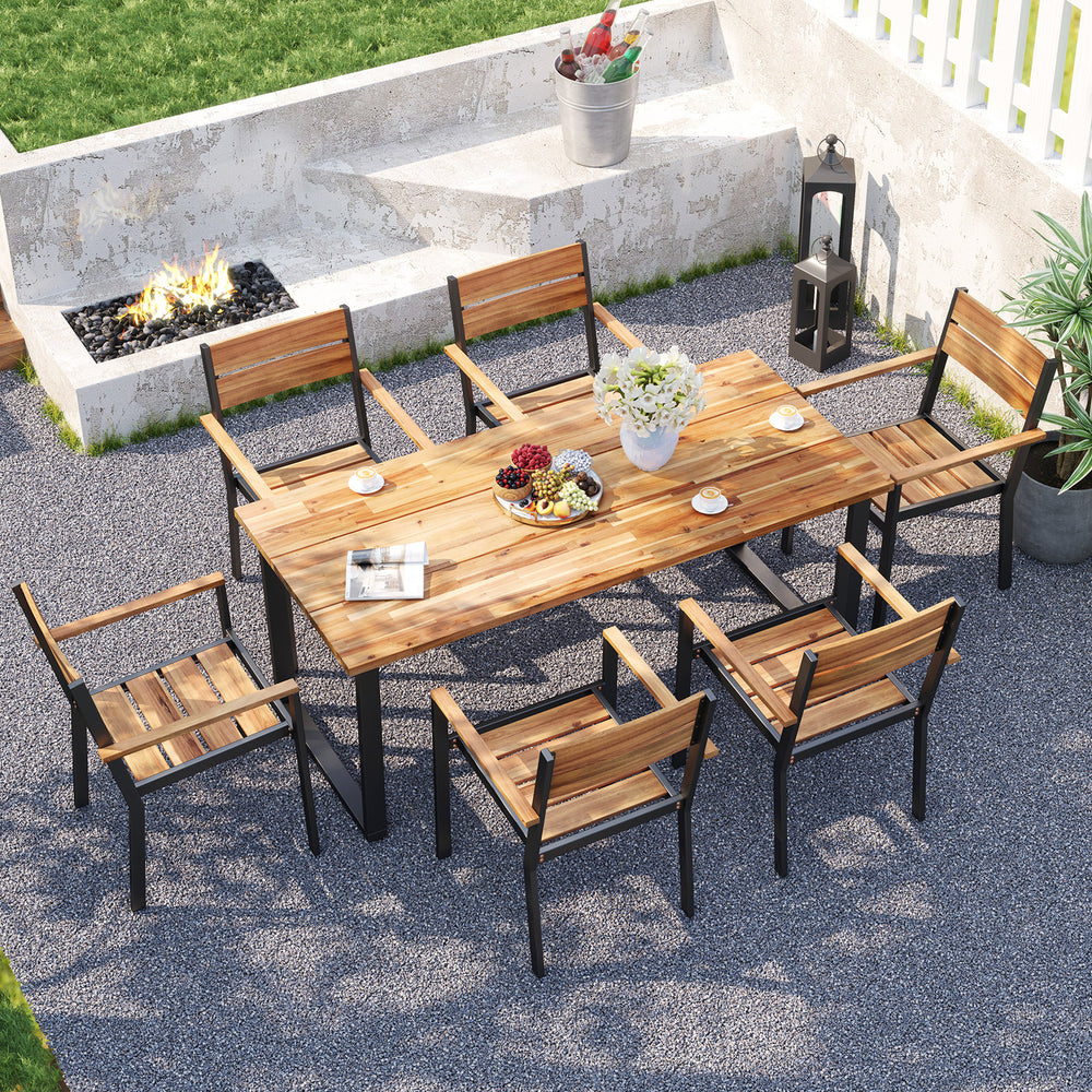 Top view of the 7-piece acacia wood patio dining set, highlighting the natural wood finish and spacious layout for.