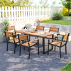 Full view of the 7-piece acacia wood patio dining set with metal frame, ideal for outdoor dining and relaxing.