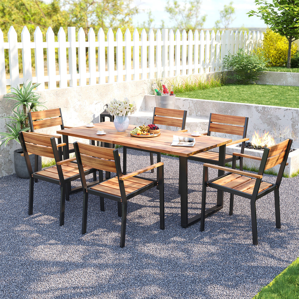 Full view of the 7-piece acacia wood patio dining set with metal frame, ideal for outdoor dining and relaxing.