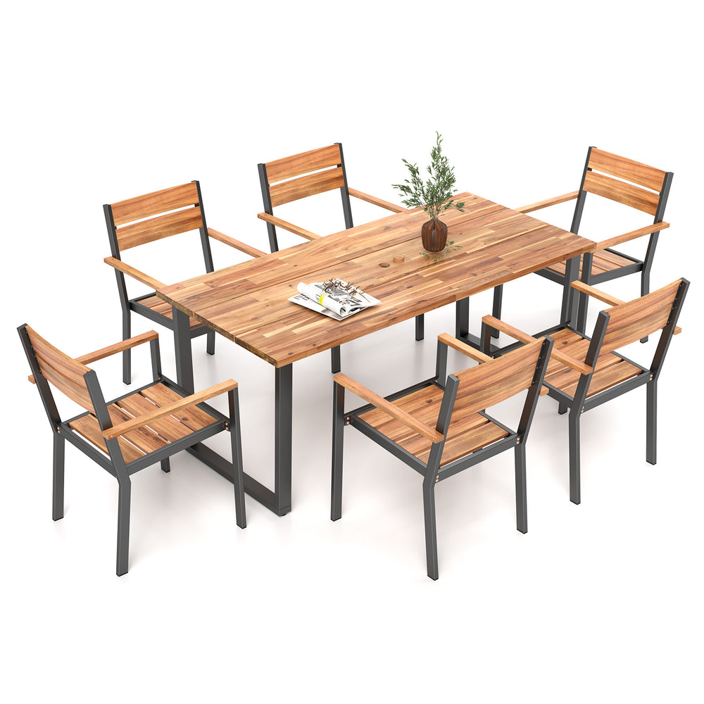 Side view of the acacia wood patio dining set, showcasing cozy armrests and slatted seats for outdoor comfort.