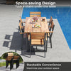 7-piece acacia wood patio dining set with metal frame, featuring a space-saving design and stackable chairs for outdoor.