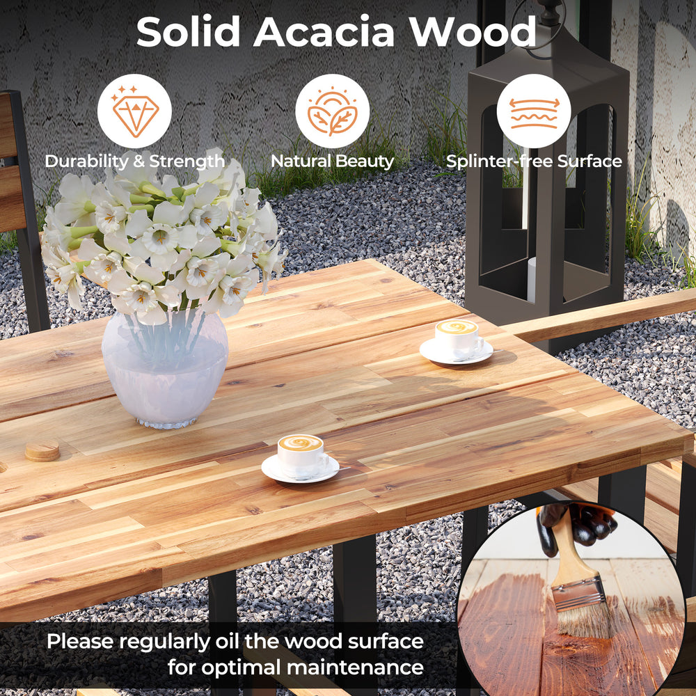 Solid acacia wood tabletop of a 7-piece patio dining set, featuring a 2-inch umbrella hole and splinter-free surface.