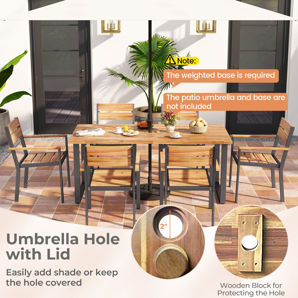 7-piece acacia wood patio dining set with metal frame, featuring a 2-inch umbrella hole, ideal for outdoor gatherings.