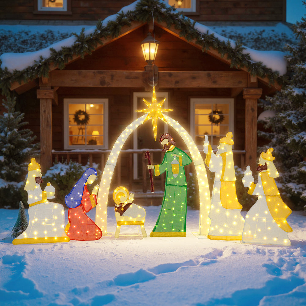 Lighted nativity scene featuring 7 pieces with 310 warm white LED lights, perfect for outdoor Christmas displays.
