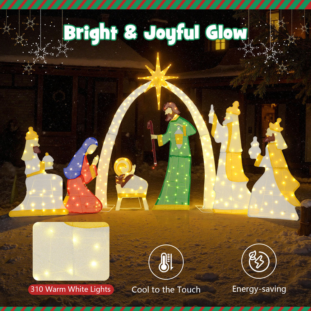 Lighted nativity scene with 310 warm white LED lights, showcasing a classic design for charming outdoor holiday.