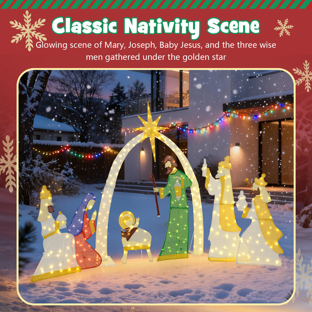 Lighted nativity scene featuring Mary, Joseph, and Baby Jesus with 310 warm white LEDs for festive outdoor display.