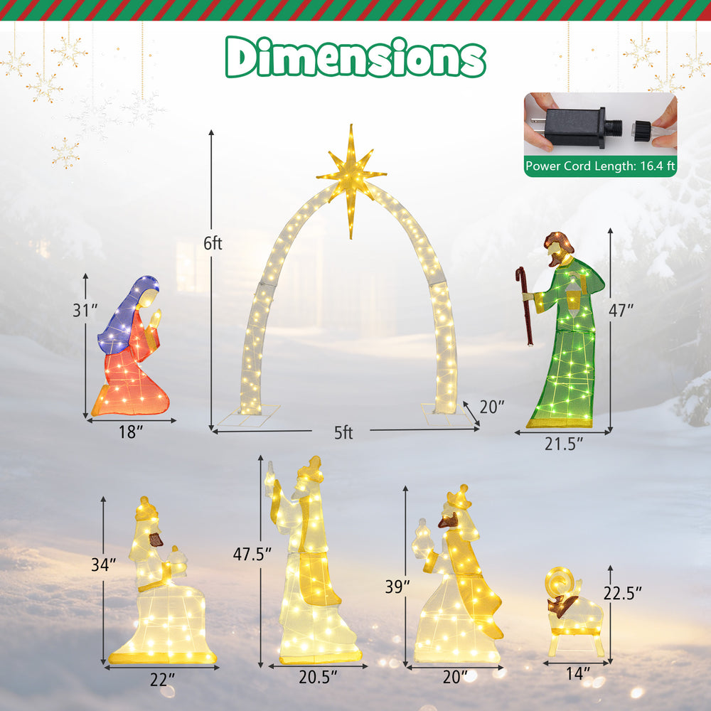 Lighted nativity scene with 7 pieces, featuring 310 warm white LEDs, perfect for outdoor Christmas displays.