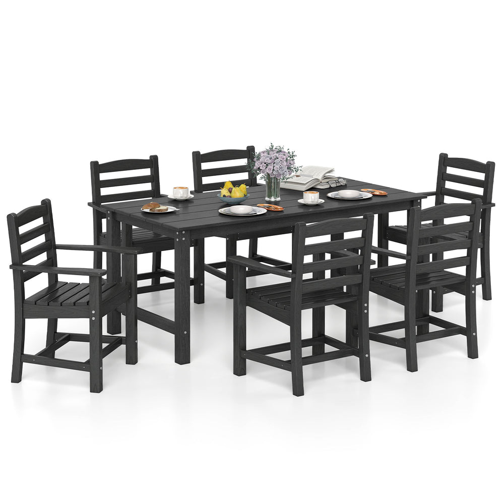 7-piece black outdoor dining set featuring a 67-inch HDPE table and 6 ergonomic armchairs for comfortable gatherings.