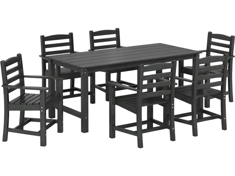 7-piece outdoor dining table set with black HDPE table and 6 ergonomic armchairs for patio gatherings.