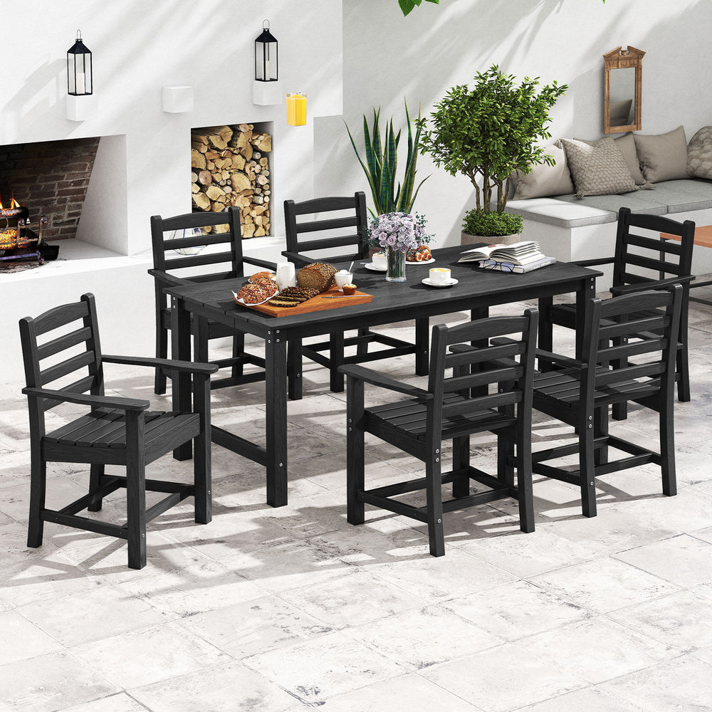 7 Pieces Outdoor Dining Table Set for 6 People 67 Inch HDPE Patio Rectangle Table and 6 Armchairs-Black - Gallery View 1 of 10