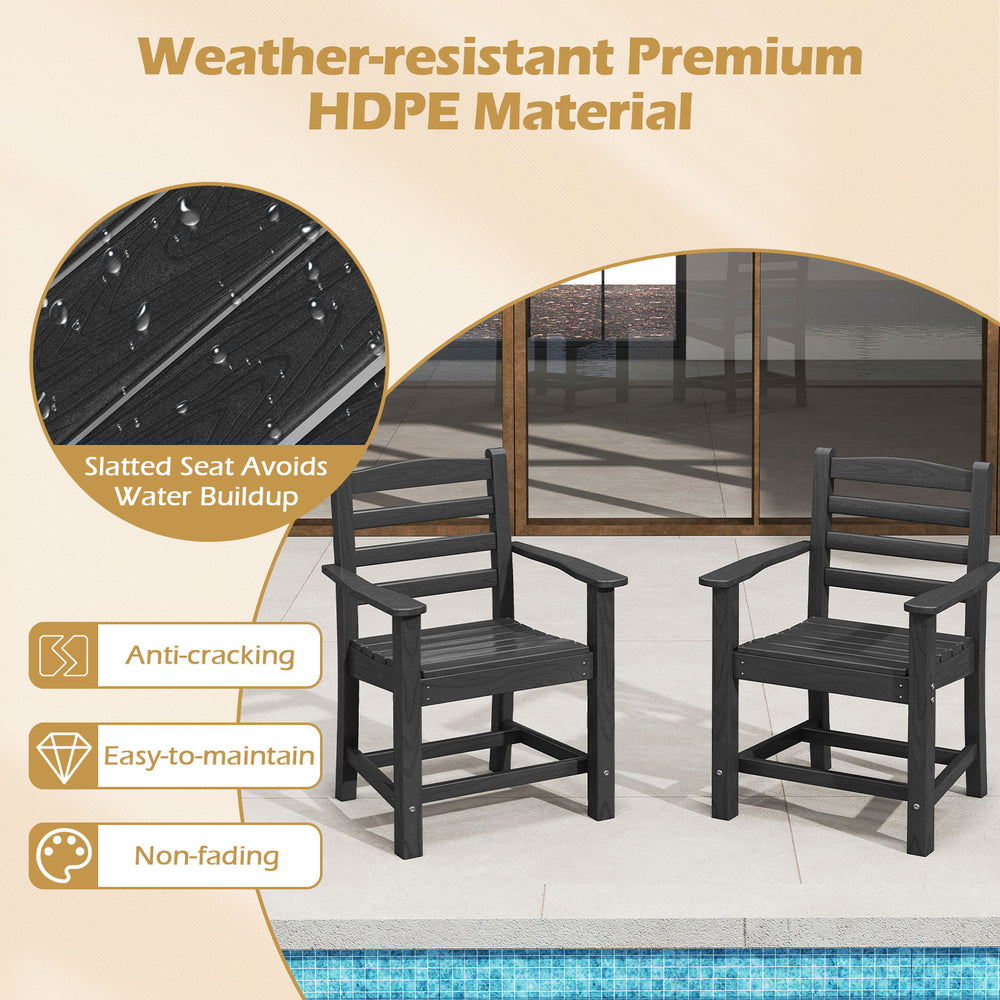 Black HDPE armchair with slatted seat design, weather-resistant for outdoor use, ideal for patio dining.
