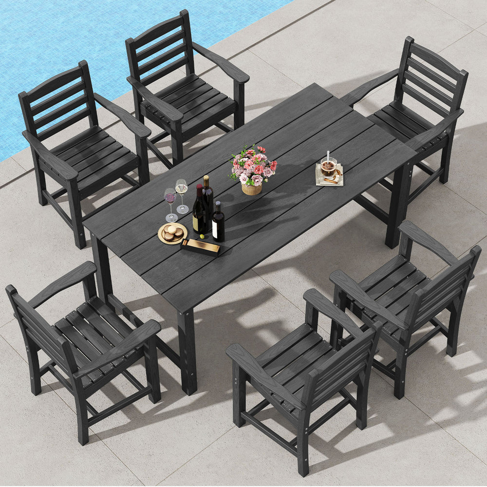 7-piece black outdoor dining set featuring a 67-inch HDPE table and 6 ergonomic armchairs, perfect for patio gatherings.