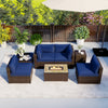 7-piece outdoor furniture set with navy cushions and a 32-inch fire pit table, perfect for patio relaxation.