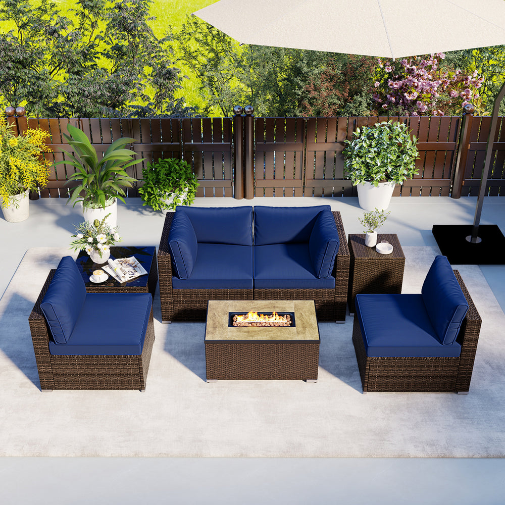 7-piece outdoor furniture set with navy cushions and a 32-inch fire pit table, perfect for patio relaxation.