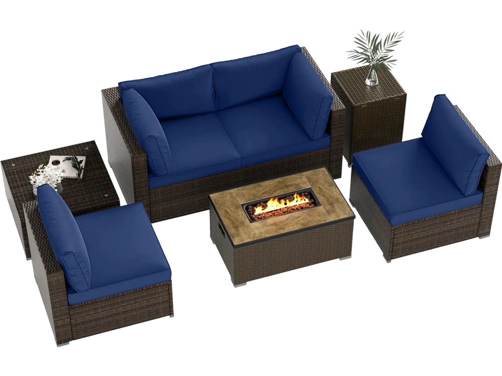 7-piece outdoor furniture set featuring a navy blue sectional and 32-inch fire pit table for patio relaxation.