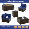Product dimensions of a 7-piece outdoor furniture set with a fire pit table and navy cushions for patio use.
