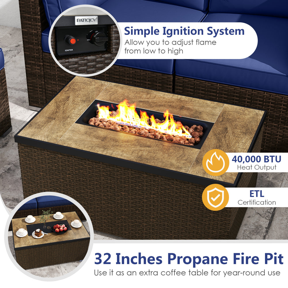 32-inch propane fire pit table with a simple ignition system and 40,000 BTU heat output, perfect for outdoor gatherings.
