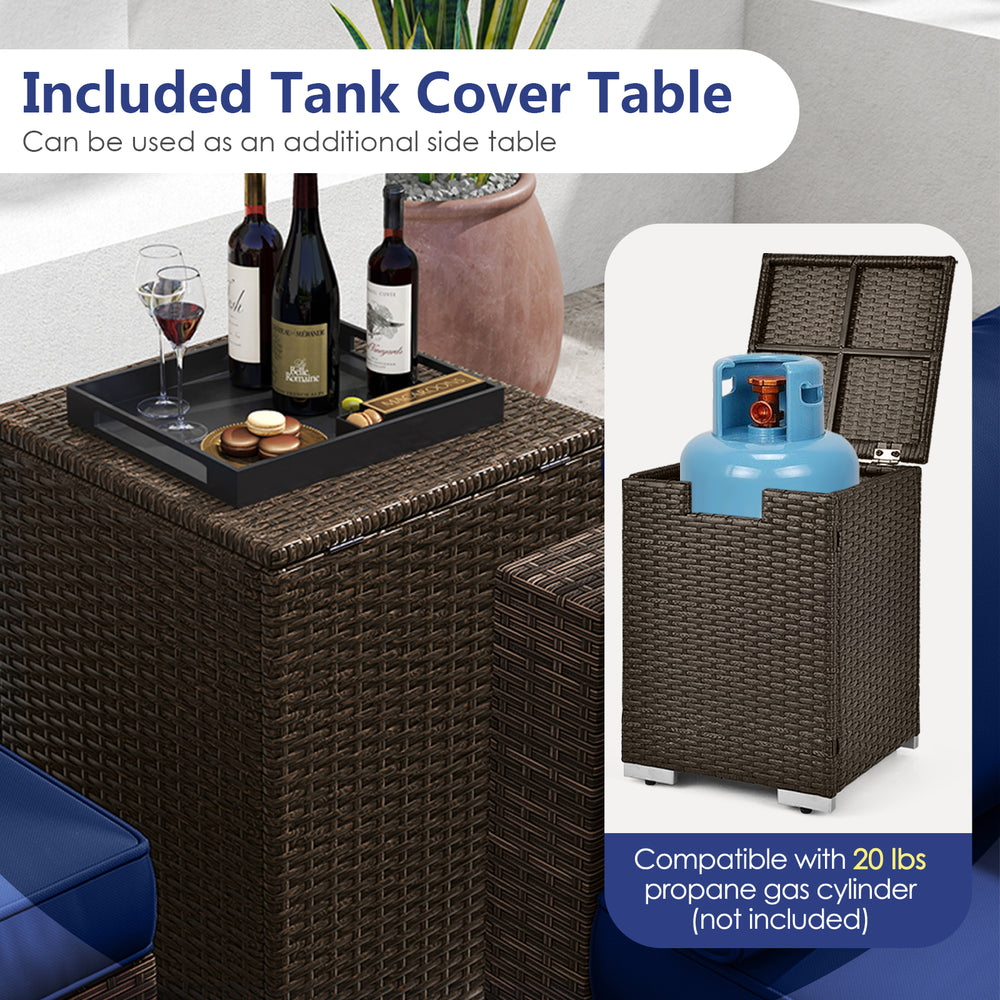 Tank cover table with removable lid, made of PE rattan, compatible with 20 lbs propane gas cylinder for outdoor use.