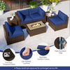 7-piece outdoor furniture set featuring navy soft cushions, PE rattan, and a 32-inch fire pit table for patio.