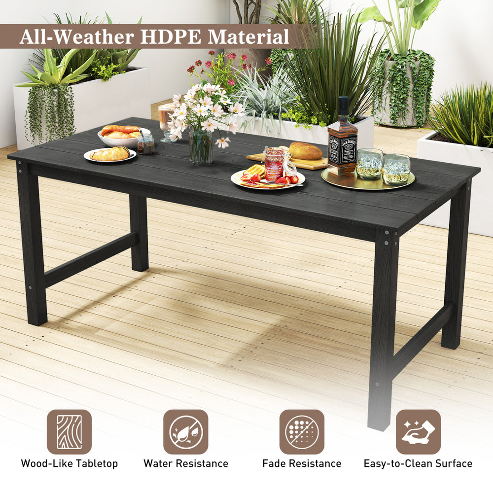 Rectangular black patio dining table made of HDPE, featuring a wood-like surface, ideal for outdoor dining.