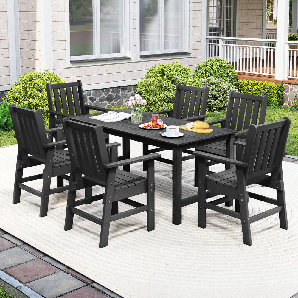 7-piece black patio dining set featuring a large table and comfortable chairs, perfect for outdoor gatherings.