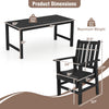 Patio dining set dimensions showing a 67" table and a chair with armrests, made of weather-resistant HDPE for outdoor.