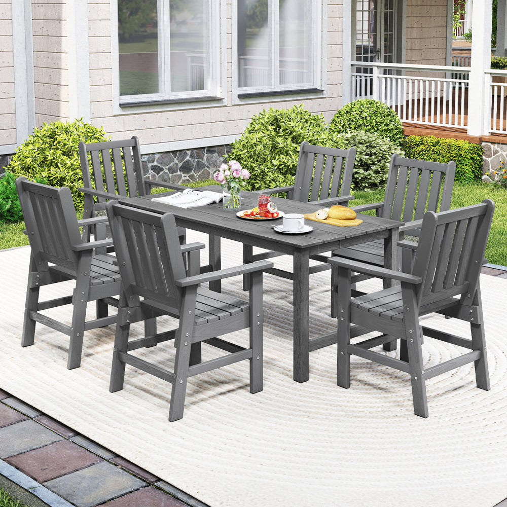 7 Pieces Patio Dining Set Outdoor HDPE Weather Resistant Table and Chairs Set-Grey - Gallery View 1 of 11