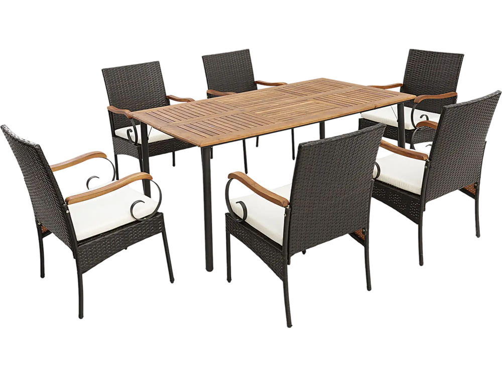 7 Pieces Patio Wicker Dining Set with Detachable Cushion and Umbrella Hole
