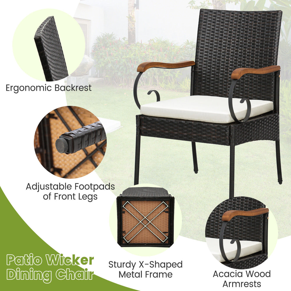 Patio wicker dining chair with acacia wood armrests, ergonomic backrest, and adjustable footpads for outdoor comfort.
