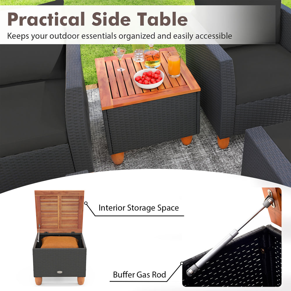 Practical side table with acacia wood top, interior storage, and hand-woven PE rattan for outdoor convenience.