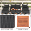 Hand-woven PE rattan armchairs with soft cushions and solid acacia wood table, perfect for outdoor patio relaxation.