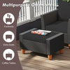 Multipurpose ottoman in black PE rattan with acacia wood top, ideal for footrests, extra seating, or coffee tables.