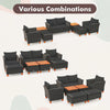 7-piece black PE rattan sectional sofa set with armchairs and table, showcasing various combinations for outdoor spaces.