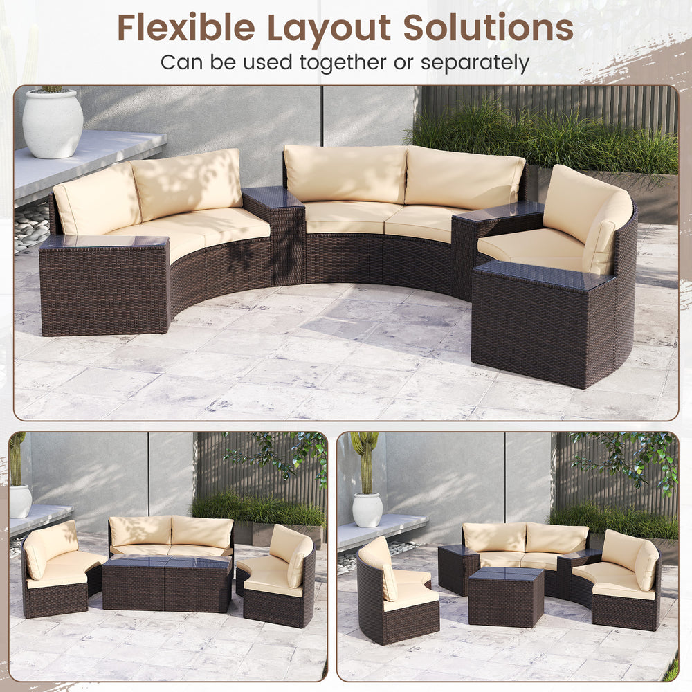 Curved 7-piece patio furniture set in brown PE rattan with cushions and side tables, ideal for outdoor relaxation.