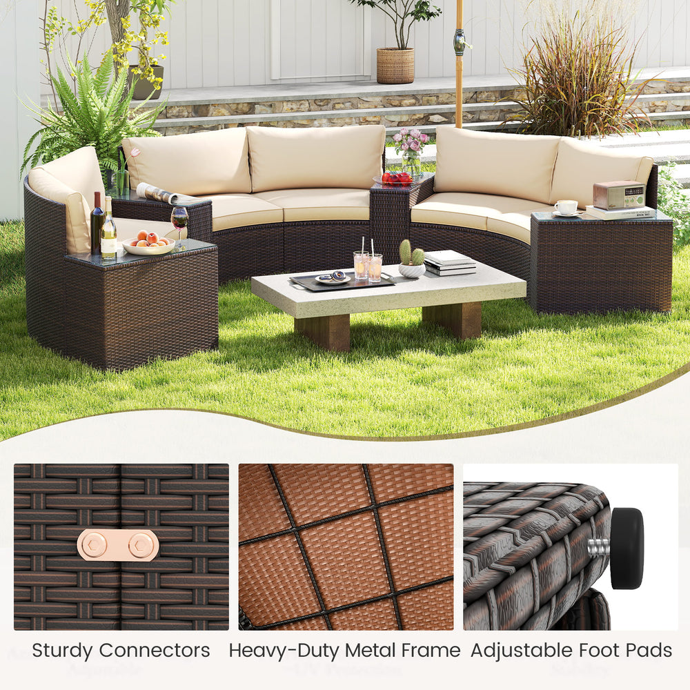 Curved 7-piece patio furniture set in brown PE rattan with cushions and side tables, perfect for outdoor relaxation.