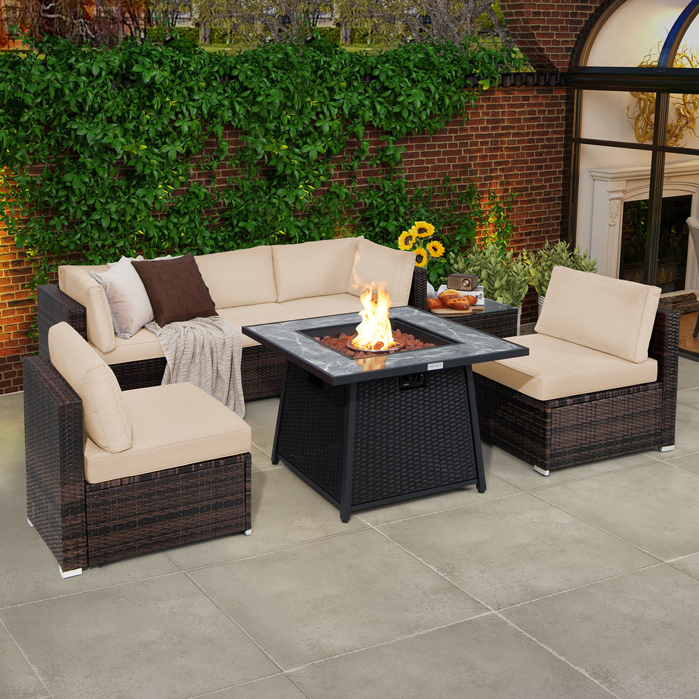7 Pieces Patio Furniture Set with 35 Inches 50000 BTU Propane Gas Fire Pit Table and Waterproof Cover for Firpit-Beige - Gallery View 1 of 10
