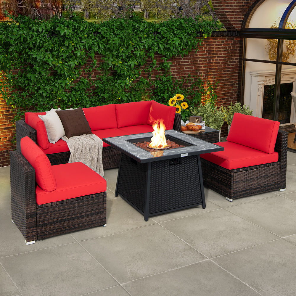 7-piece patio furniture set with red cushions and a 35-inch propane fire pit table for outdoor relaxation.