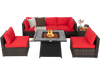 7-piece patio furniture set with red cushions and a 35-inch propane gas fire pit table for outdoor relaxation.