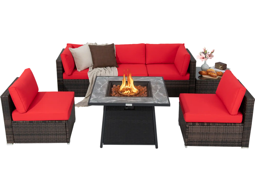 7-piece patio furniture set with red cushions and a 35-inch propane gas fire pit table for outdoor relaxation.