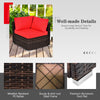 Corner chair with red cushion, made of weather-resistant PE rattan, ideal for outdoor patio seating.