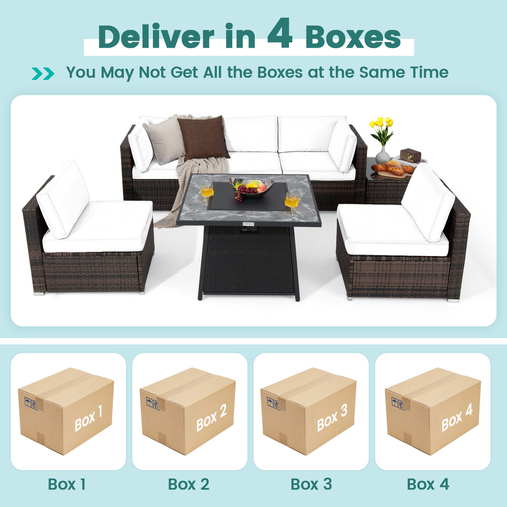 7-piece patio furniture set featuring a 50000 BTU fire pit table, soft cushions, and waterproof cover for outdoor use.