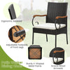 Patio wicker dining chair with ergonomic backrest, acacia wood armrests, and adjustable footpads for outdoor comfort.