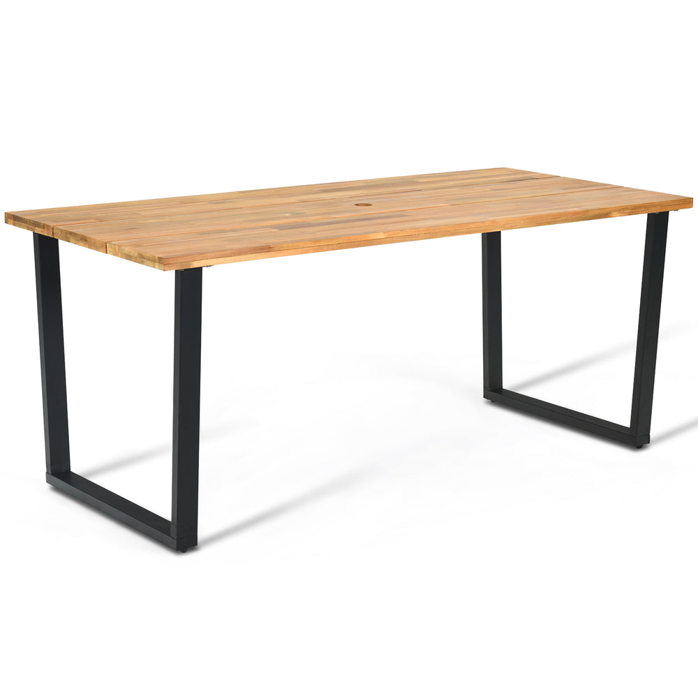 Acacia wood tabletop dining table with a heavy-duty metal frame and 2-inch umbrella hole, perfect for outdoor use.