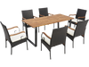 7-piece patio rattan dining set with acacia wood tabletop and ergonomic cushions, perfect for backyard gatherings.