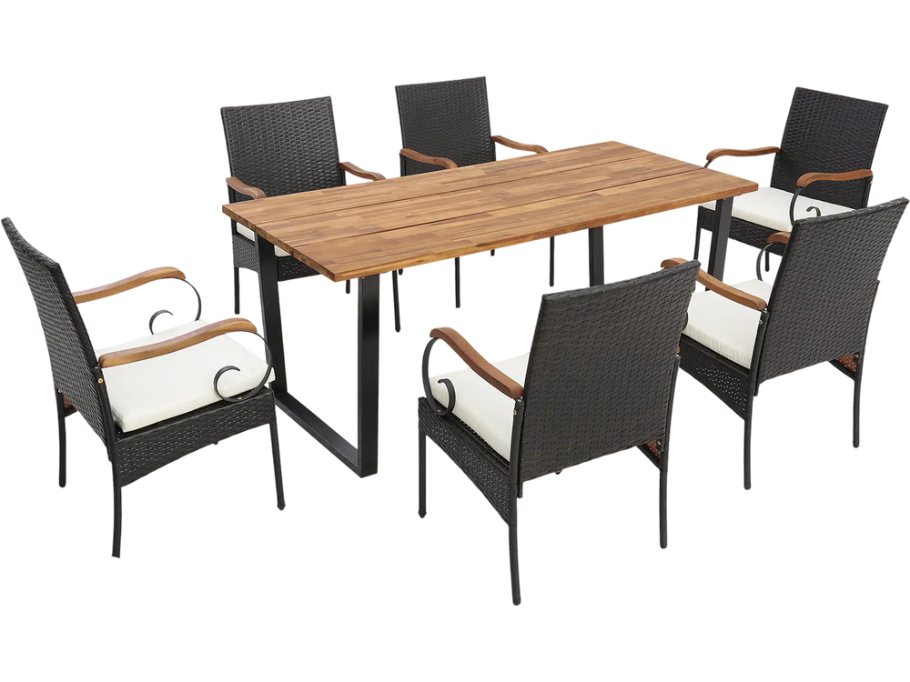 7-piece patio rattan dining set with acacia wood tabletop and ergonomic cushions, perfect for backyard gatherings.