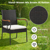 Hand-woven mix brown PE rattan chair with curved handrail and cushion, perfect for outdoor patio dining.